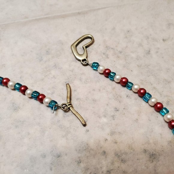 Chunky Beaded Necklace, White, Red, Silver, Statement Necklace - Picture 3 of 4